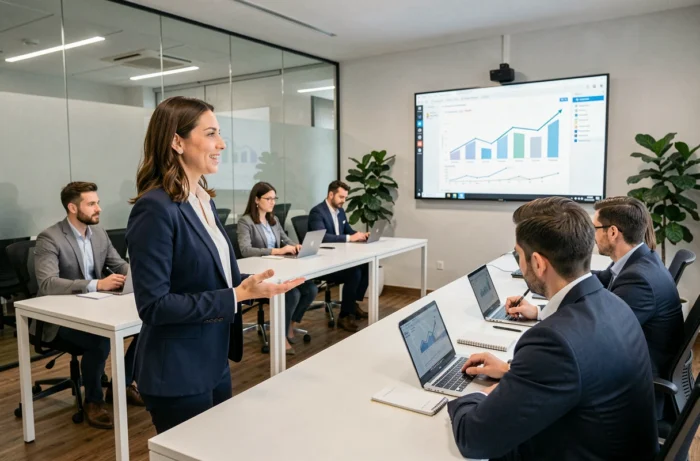 Formatrice professionnelle présentant une session de formation en entreprise dans une salle de réunion moderne avec des graphiques de croissance à l'écran