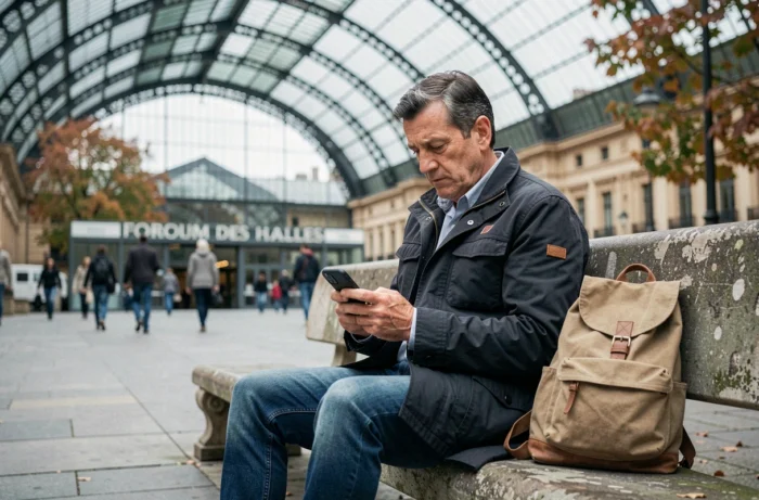 Homme assis sur un banc près du Forum des Halles à Paris, atmosphère quotidienne du quartier Châtelet en automne