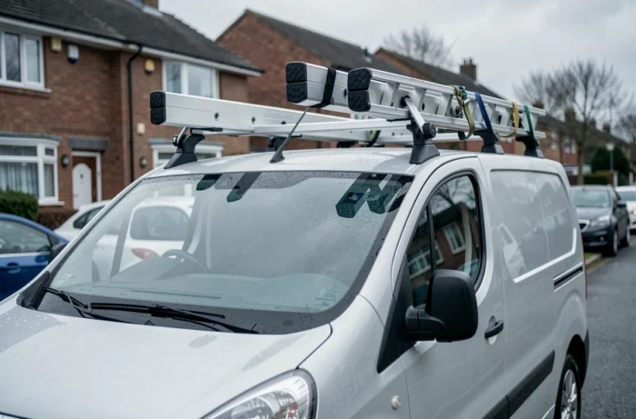 Galerie de toit aluminium avec barres de charge sur un Peugeot Expert, échelles fixées avec sangles à rochet sur fond de rue résidentielle