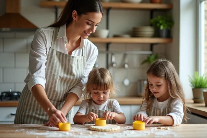 Garde d'enfants préparant des biscuits avec deux enfants dans une cuisine familiale moderne