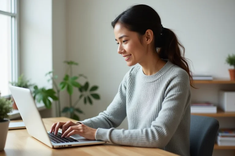 Femme gérant son abonnement Altaya depuis l'espace client en ligne sur un ordinateur portable à domicile