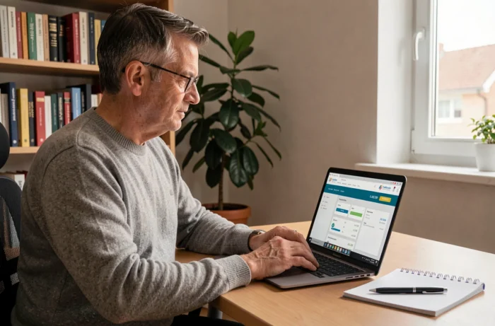 Homme gérant son compte titre ordinaire Crédit Agricole en ligne depuis son bureau à domicile