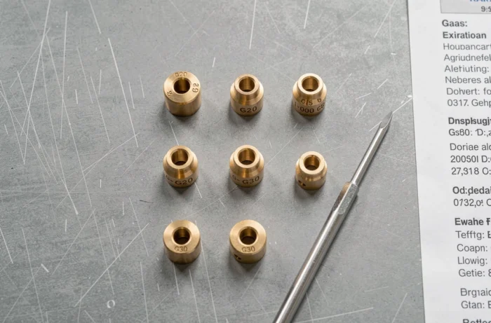 Gicleurs gaz G20 et G30 en laiton disposés sur un plan de travail métallique avec fiche technique