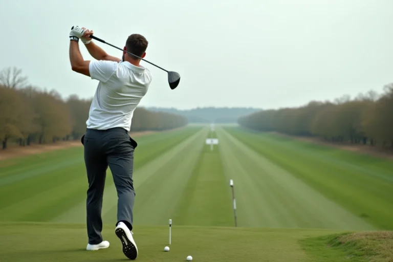 Golfeur en plein swing de Long Drive sur un terrain de golf en Belgique, posture athlétique et puissance maximale