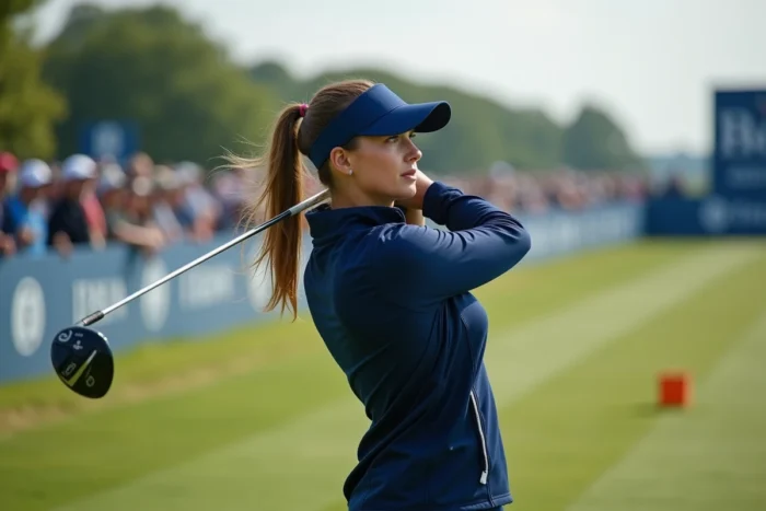 Golfeuse de Long Drive en compétition en Belgique, tenant son driver devant le tee de départ lors d'un événement officiel