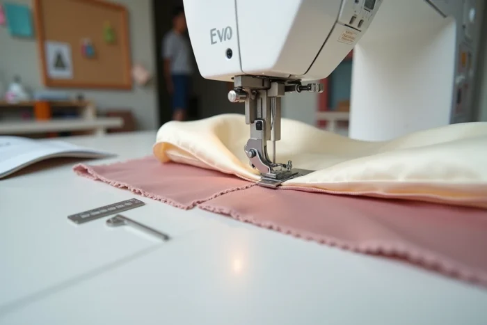Gros plan sur l'aiguille et le pied presseur de la machine Brother Innov-is 15 cousant du tissu en soie