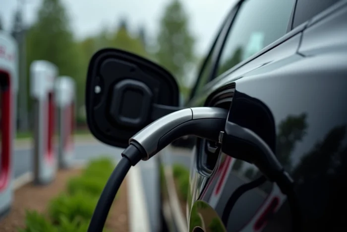 Gros plan sur le connecteur Supercharger Tesla inséré dans la prise de charge d'un Tesla Model Y noir