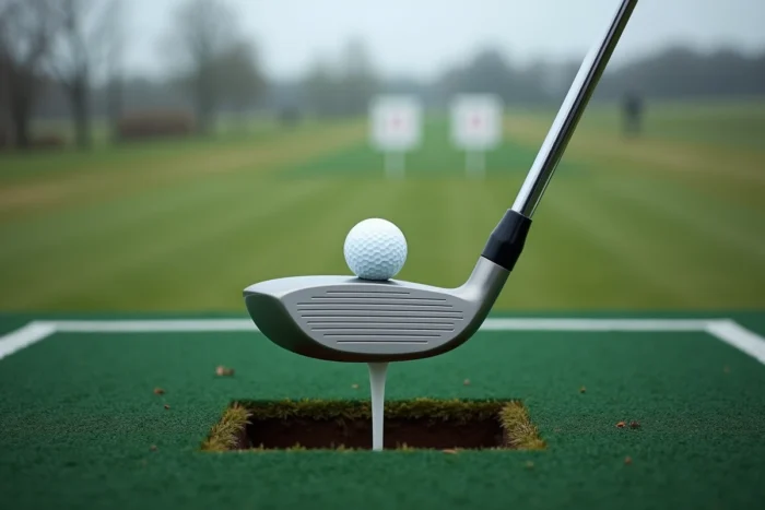 Gros plan sur la tête d'un driver de Long Drive posé sur un tee en Belgique, détail du matériel de golf haute performance