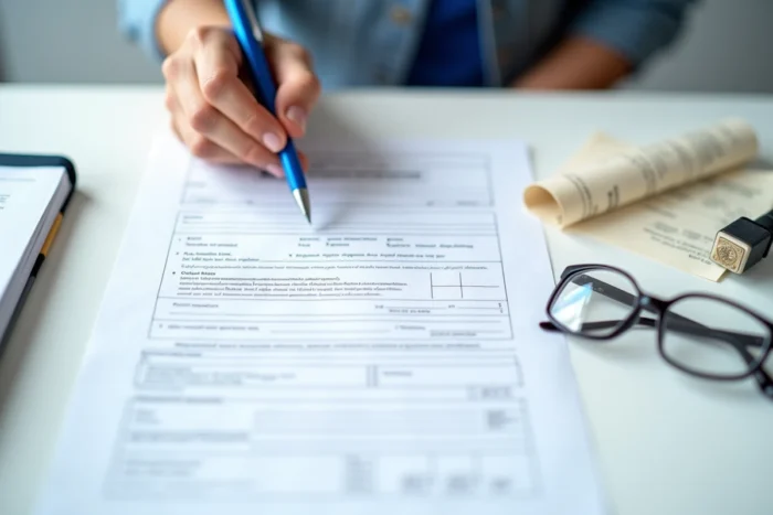 Gros plan d'un formulaire cerfa hypothèque en cours de remplissage avec un stylo sur un bureau administratif