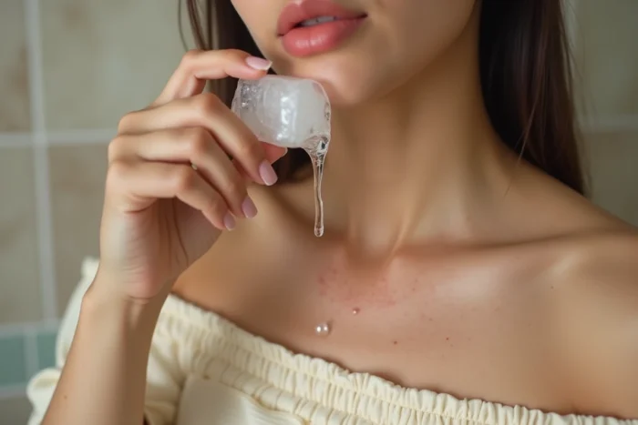 Gros plan d'un glaçon fondant appliqué sur la nuque avec des gouttes d'eau visibles sur la peau