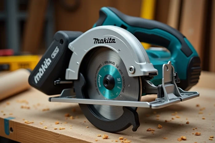 Gros plan sur la scie circulaire sans fil Makita DHS680Z posée sur un établi, détail de la batterie 18V et du carter de protection