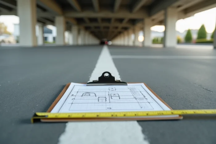 Gros plan d'un mètre ruban et d'un plan de masse posés sur le sol d'un parking couvert de copropriété pour vérification des dimensions