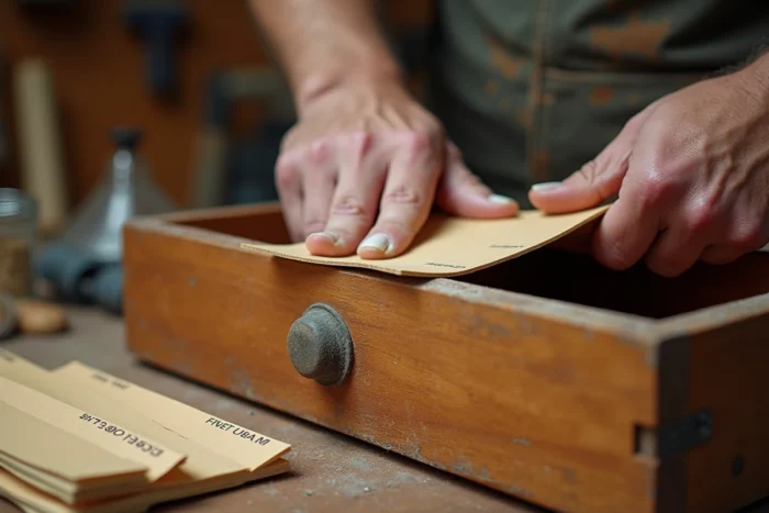 Gros plan sur des mains en train de poncer manuellement le tiroir d'une commode ancienne avec du papier de verre sur un établi d'atelier