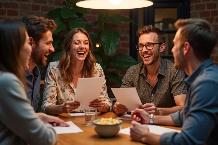 Groupe d'amis jouant aux Z'amours autour d'une table avec des questions imprimées
