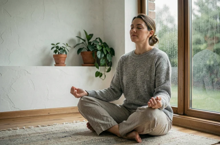 Femme en méditation assise sur un plancher en bois près d'une fenêtre, symbolisant la guérison émotionnelle et la paix intérieure
