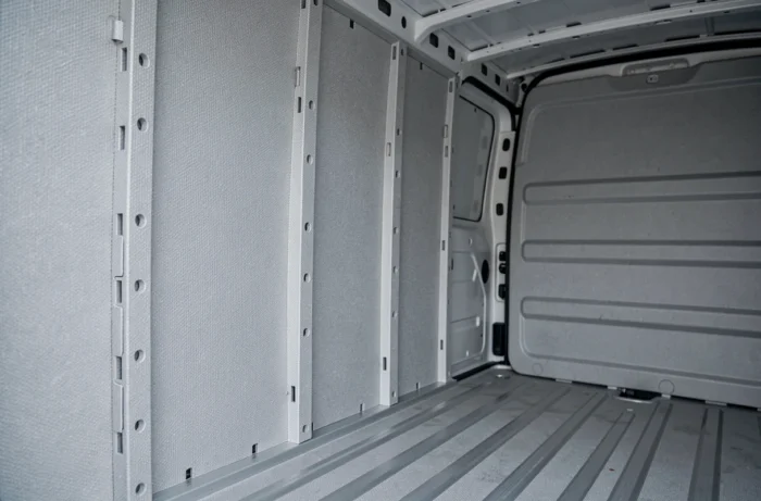 Habillage des parois latérales d'un Peugeot Expert en panneaux polypropylène alvéolaire gris, clips de fixation et texture alvéolée visibles