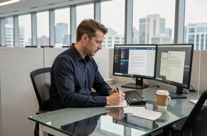 Homme en bureau analysant les fonctionnalités et la légalité d'une plateforme de streaming en ligne
