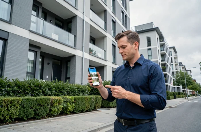 Homme comparant une annonce immobilière sur smartphone devant un immeuble résidentiel moderne