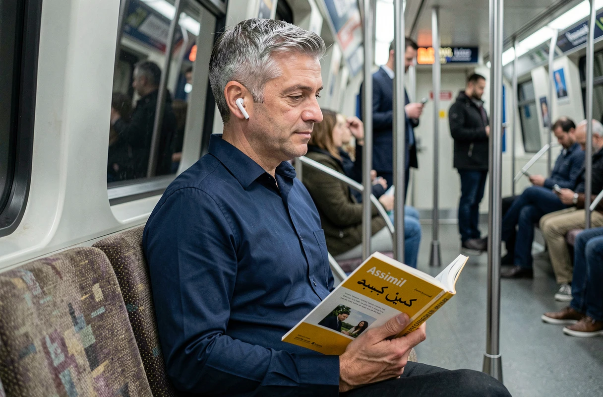 Homme apprenant l'arabe avec la méthode Assimil dans le métro avec des écouteurs