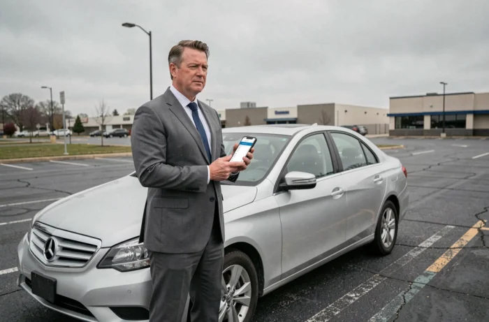 Homme d'affaires comparant des offres d'assurance auto sur smartphone debout à côté de sa voiture dans un parking