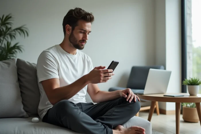 Homme détendu sur un canapé convertissant des vidéos YouTube en MP3 sur smartphone pour améliorer sa productivité
