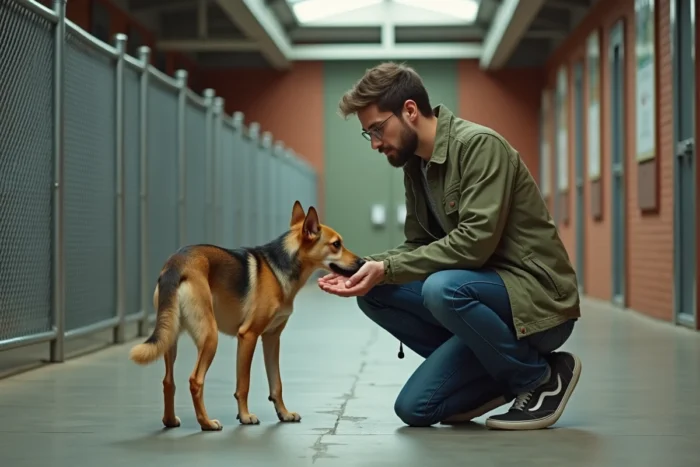 Jeune homme interagissant avec un chien de refuge dans un centre d'adoption, bien-être et adoption animale
