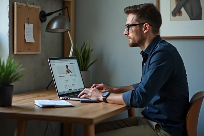 Homme notant des codes promo Zalando dans un carnet à son bureau à domicile