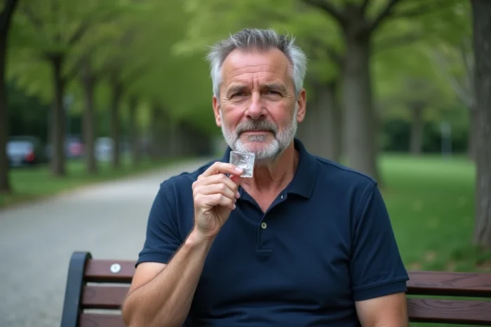 Homme appliquant un glaçon sur le côté du cou en plein air dans un parc urbain