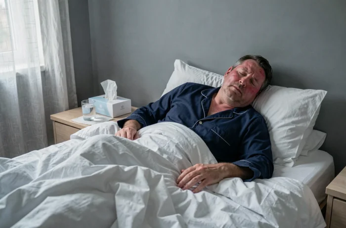 Homme adulte alité avec la grippe dans une chambre à coucher entouré de mouchoirs et d'un verre d'eau