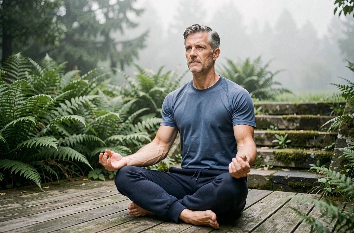 Homme en méditation yoga en plein air sur une terrasse en bois entourée d'un jardin verdoyant et brumeux