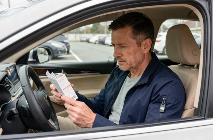 Homme lisant la notice d'un médicament dans sa voiture avant de prendre le volant