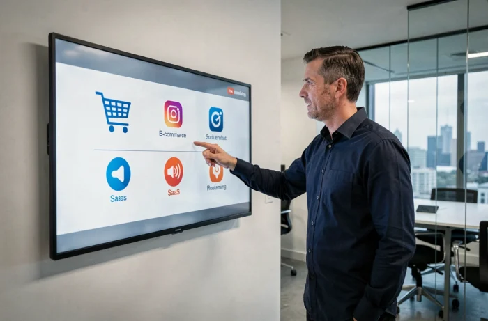 Homme en réunion présentant un comparatif des types de plateformes numériques sur écran interactif