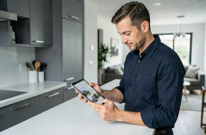 Homme parcourant les pages d'un portail immobilier sur une tablette dans une cuisine moderne
