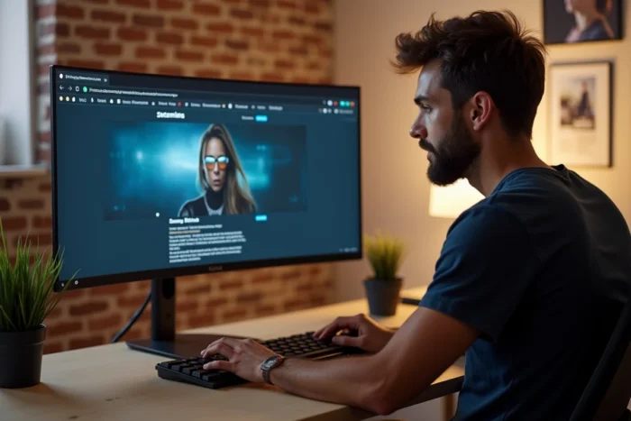 Homme recherchant la nouvelle adresse Coflix sur un ordinateur de bureau dans un bureau à domicile moderne