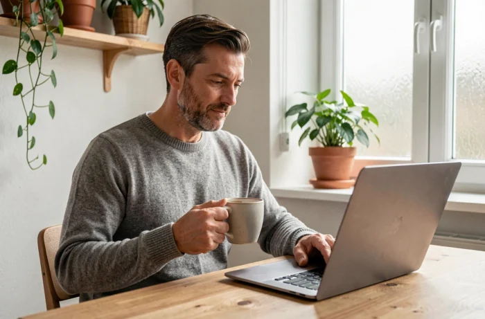 Homme en télétravail accédant à des informations business essentielles sur un ordinateur portable depuis son domicile