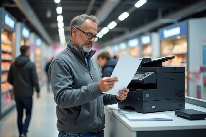Un homme vérifiant un document imprimé à la borne d'impression Carrefour