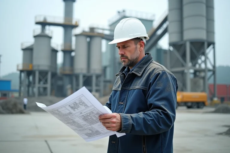 Ingénieur civil devant une usine de production de ciment Cimentix avec silos industriels
