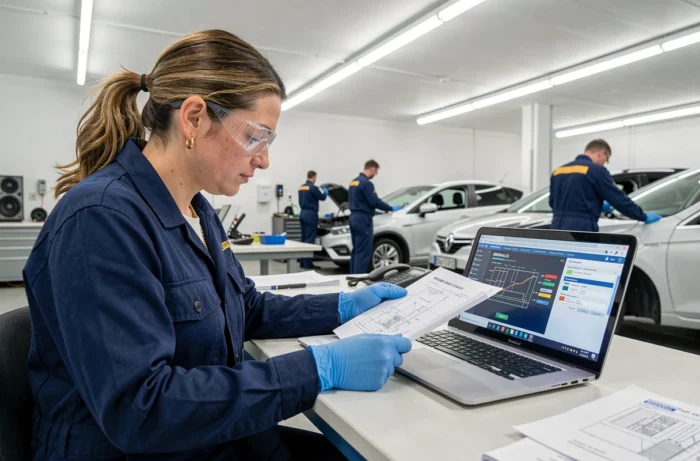 Ingénieure automobile analysant un schéma de câblage et un logiciel de diagnostic Renault pour résoudre un code défaut DTC