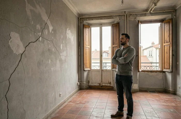 Homme inspectant les défauts d'un appartement ancien à rénover dans le quartier Croix-Rousse à Lyon