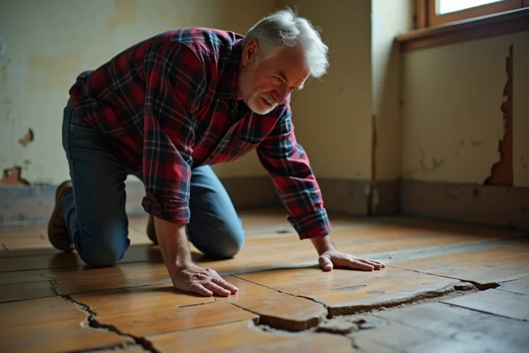 Homme inspectant un plancher en bois abîmé et gondolé présentant des signes de fragilité structurelle dans une vieille maison