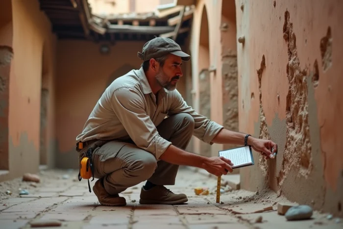 Expert en bâtiment inspectant les murs d'un riad à rénover dans la médina de Marrakech, évaluant l'état du bien immobilier