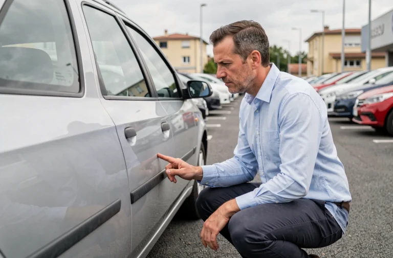 Client inspectant une voiture d'occasion chez un concessionnaire Spoticar à Valence