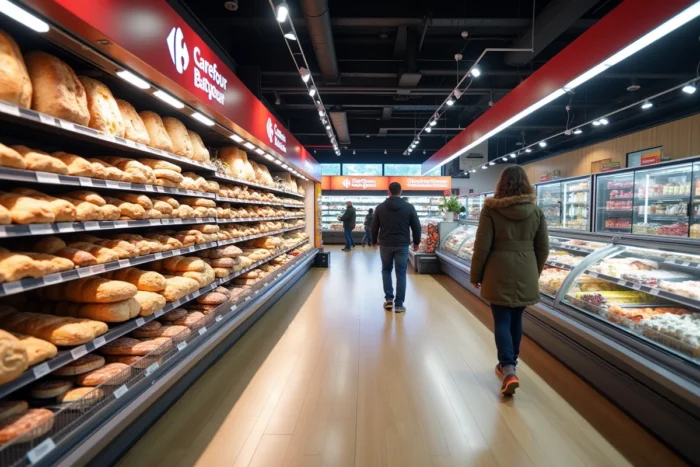 Intérieur spacieux d'un Carrefour City urbain avec rayons variés, boulangerie et plats préparés en libre-service