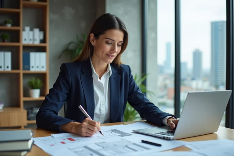 Femme cadre analysant des documents immobiliers et des plans architecturaux dans un bureau moderne avec vue sur la ville