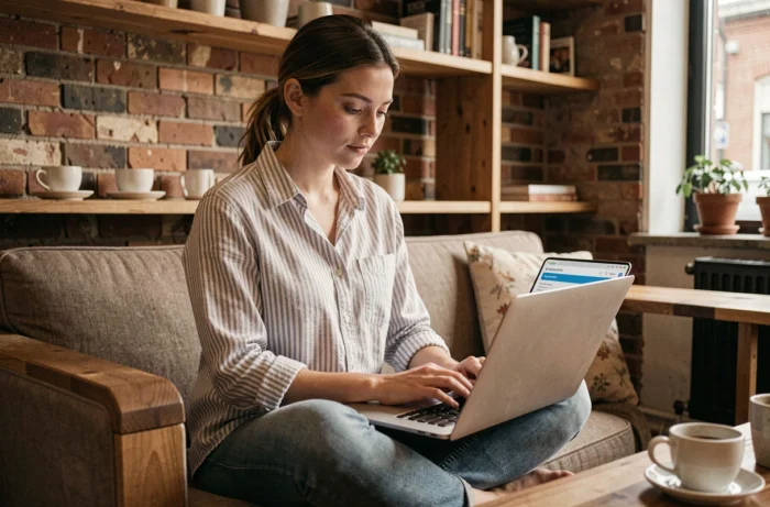 Jeune femme comparant différentes plateformes en ligne depuis un café avec son ordinateur portable