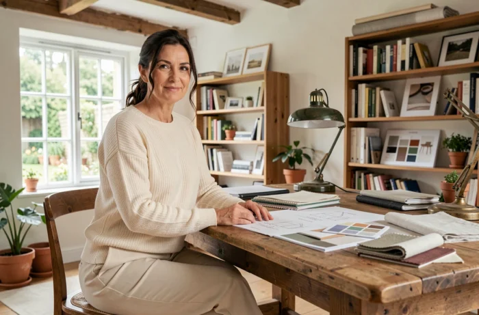 Joanna Gaines dans son studio de design en 2026, femme créative entourée de planches d'inspiration et d'échantillons de tissu pour ses nouveaux projets