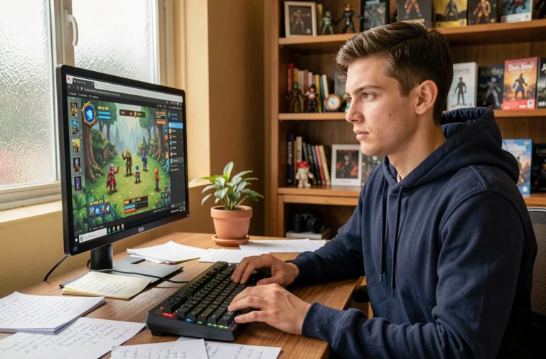 Joueur concentré devant son écran jouant à un jeu de type Pokéclicker pour capturer Hoopa