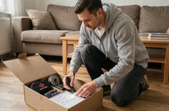 Homme organisant un kit de compétences pratiques avec trousse de premiers secours, lampe de poche et contacts d'urgence