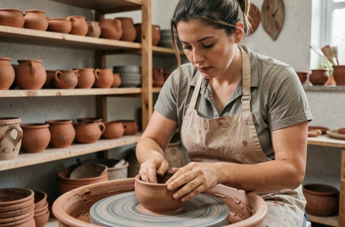 Femme pratiquant la poterie dans un atelier artisanal, les mains plongées dans l'argile sur un tour de potier