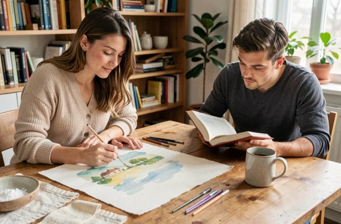 Deux amies profitant de leurs loisirs à la maison, l'une peignant à l'aquarelle et l'autre lisant un livre